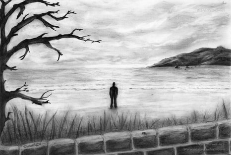 Beyond a brick wall is a lonesome dark shadowy figure standing on an empty beach looking out to sea, there are storm clouds in the sky. No references, just drew what came out of my mind. ​ ​This was a fairly quick drawing. Size A4, drawn with HB & 2B mechanical pencils (0.5mm), cotton buds tissues and erasers.