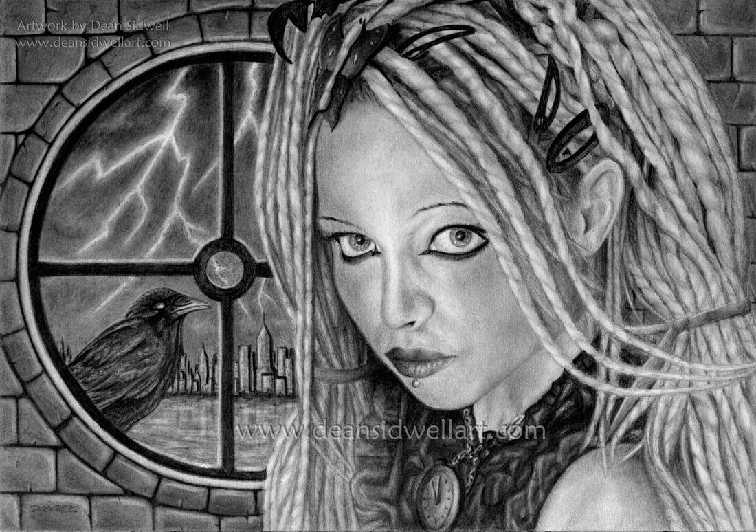 Stormbringer: Gothic pencil drawing. A woman in front of a round window, there is a crow on the window ledge outside. In the background, across a stretch of water, there is a cityscape. There is lightning in the night sky. She has a timepiece around her neck and the hour is late.  www.deansidwellart.com
