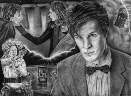 Graphite pencil drawing based on the British science fiction show Doctor Who. ​Featuring Matt Smith as the Doctor. ​The drawing also features his companions - Amy Pond, Rory Williams, and River Song, along with two of his enemies, a Dalek and a Cyberman. ​His time travelling Police box is flying off into the time vortex in the background.  Size is A3 (420mm x297mm). Drawn using HB and 2B 5mm mechanical pencils, HB 7mm mechanical pencil, various different grades of pencil ranging from 2H – 5B, blending stumps, tissues and erasers.