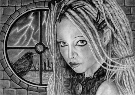Stormbringer - A woman in front of a round window, there is a crow on the window ledge outside. In the background, across a stretch of water, there is a cityscape. There is lightning in the night sky. by Dean Sidwell Artist