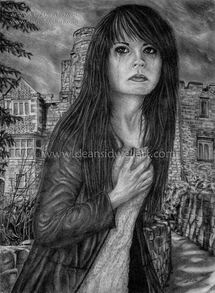 The girl has tears running down her face, her hand on her heart and there are storm clouds in the sky. ​​There is an old castle in the background. Size A3, drawn with HB and 2B mechanical pencil and  various other grades of pencils. ​The building behind her is Tamworth Castle. 