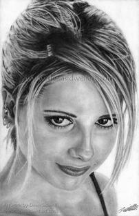 Pencil drawing of  the film and TV actor Sarah Michelle Gellar. ​ Known for her star role in the show Buffy the Vampire Slayer.  I used HB and 2B mechanical pencil 0.5mm, blending stumps, tissues, cotton buds, normal and kneaded erasers. Size is A4