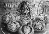 Eddies Iron Maiden Pumpkins. A pencil drawing that I did for Halloween a few years back. It started of as a sketch while I was listening to Iron Maiden, I started drawing Eddie (Iron Maiden's mascot - the creature in the centre). Then I had the idea of adding pumpkins and putting the band members faces in as if they were carved into them. ​ Size A4 (210mm x 297mm) using various grades of pencil..