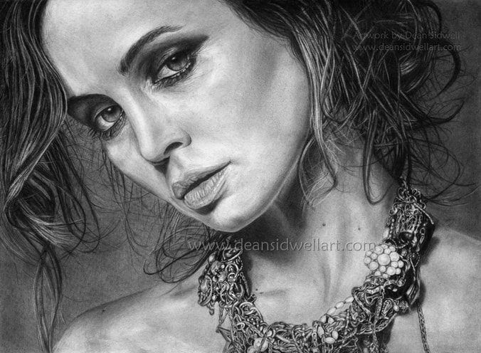 Eliza: Detailed pencil drawing by Dean Sidwell. Drawing of the film and television actor Eliza Dushku, ​A very detailed and realistic portrait. A lot fine detailing went into doing that necklace on this piece. www.deansidwellart.com