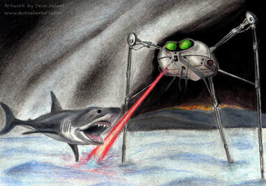 Megashark vs The Martians. A colour pencil drawing that I did as a gift to someone who is a fan of Sci fi and silly shark movies. It features a Martian tripod from The War of the Worlds firing it's heat ray towards a giant megashark. Silly but fun. Colour pencil on A4 paper.