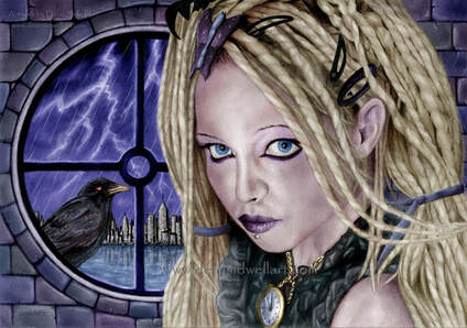 Stormbringer - Colour version: A digitally coloured version of the original  black & white pencil drawing of Stormbringer by artist Dean Sidwell. Detailed Gothic/fantasy art. A woman in front of a round window, there is a crow on the window ledge outside. In the background, across a stretch of water, there is a cityscape. There is lightning in the night sky. She has a timepiece around her neck and the hour is late.  www.deansidwellart.com