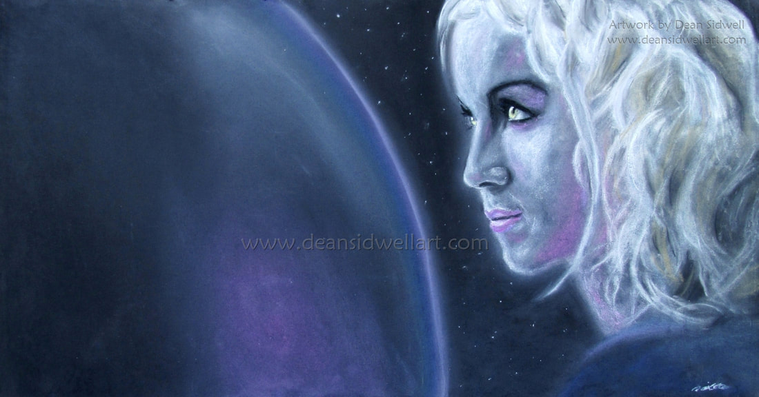 Mystery: Large colour pastel portrait of a woman looking onwards towards a planet, the darkness of outer space in the background. www.deansidwellart.com
