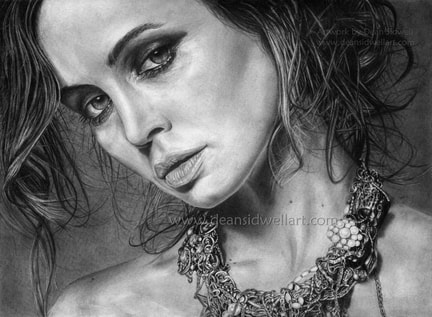 Pencil drawing of actor Eliza Dushku, ​A very detailed and realistic portrait. A lot fine detailing went into doing her necklace on this piece. Art by Dean Sidwell