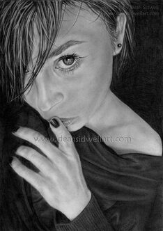 A pencil portrait of a woman wearing black, set against a dark background. She has her fingers on her lips. ​She has a secret to keep.​ Drawn on A4 smooth cartridge paper (220gsm) using HB & 2B 5mm mechanical pencil and various grades of pencil ranging from 2h to 5B.