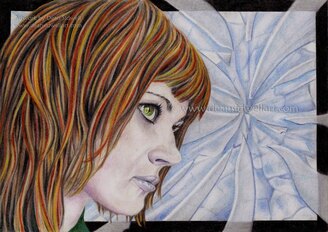 Fracture. Original art by Dean Sidwell. A coloured pencil portrait of a green eyed woman with red highlighted hair. ​A blue background with glass shattering behind her.  This was drawn on A4 Bristol board using mainly Derwent coloursoft pencils..