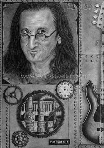 Geddy Lee is the lead singer, bass & keyboard player from the prog rock band Rush. I put allsorts of stuff in this drawing. There's his guitar on a metal studded wall, a keyboard hidden behind some clockwork & pipes and I drew Geddy as if he was on a poster on the wall. ​I used various grades of pencil ranging up to 6B, HB & 2B mechanical pencils(0.5mm), tortillions, tissues, cotton buds and erasers. Size A4 (21cm x 29.7 cm).
