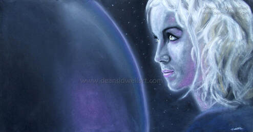 Mystery. Original pastel drawing by Dean Sidwell. A portrait of a woman looking onwards towards a planet, the darkness of outer space in the background. The drawing was done with soft pastels on a large piece of black card. ​The original size of the drawing is about 60cm x 32 cm (23 1/2 inch x 12 1/2 inch).