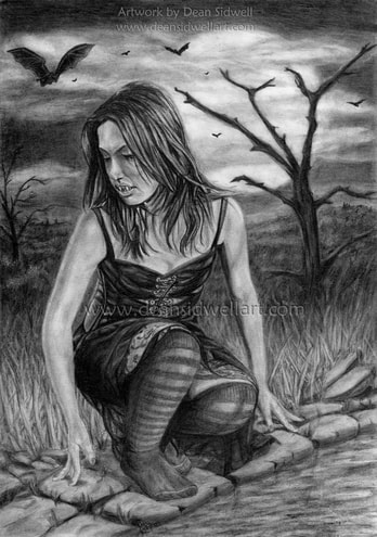 A female vampire crouching at the waters edge. There's a full moon in the background and there are bats flying around. Size A4, I used HB and 2B mechanical pencils, various other grades of pencil, blending stumps, cotton buds and erasers.
