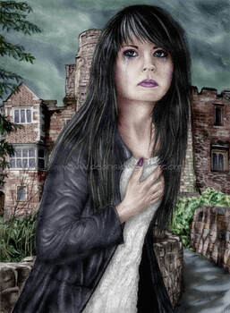 A digitally coloured version of my original drawing of Leaving, done using paint editing software. Leaving: The girl has tears running down her face, her hand on her heart and there are storm clouds in the sky. ​​There is an old castle in the background.  www.deansidwellart.com