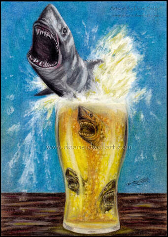Sharknado Beer. Quite a surreal colour pencil drawing. One for fans of beer and of the Sharknado movies.​ A sharknado in a pint of Lager. Drawn for a friend who is a fan of both. That drink has definitely got some bite to it!​ It was a fun piece to draw. This was done on on A4 size Bristol board(250gsm), using Derwent coloursoft pencils.