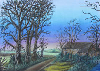 Spiky Trees And The Cottage. An old pastel drawing done on A2 sized cartridge paper using soft coloured pastels